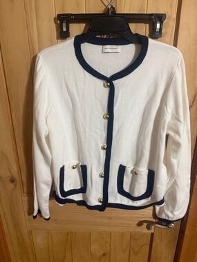 Free Assembly Women's Crewneck Cardigan - Cream with Navy Trim